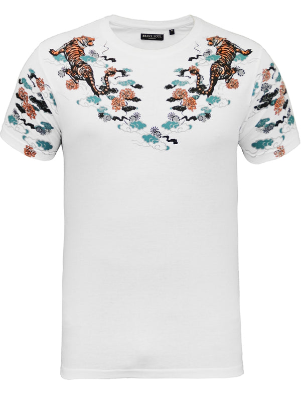 Gozen Tiger Print Crew Neck T-Shirt in White
