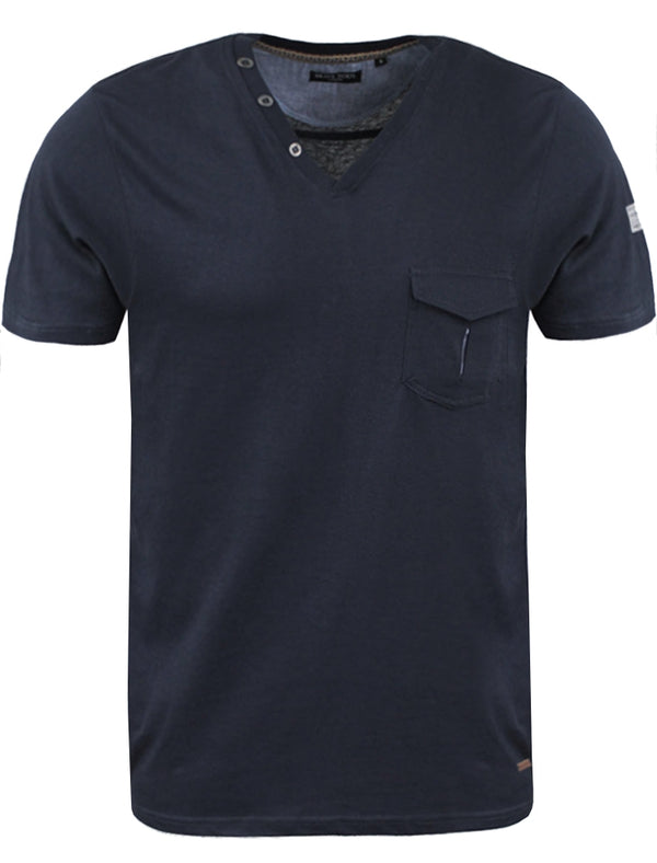 Gregor V Neck  T-Shirt with Chest Pocket in Navy