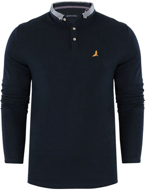Hatter Long Sleeve Polo Shirt with Printed Collar in Navy