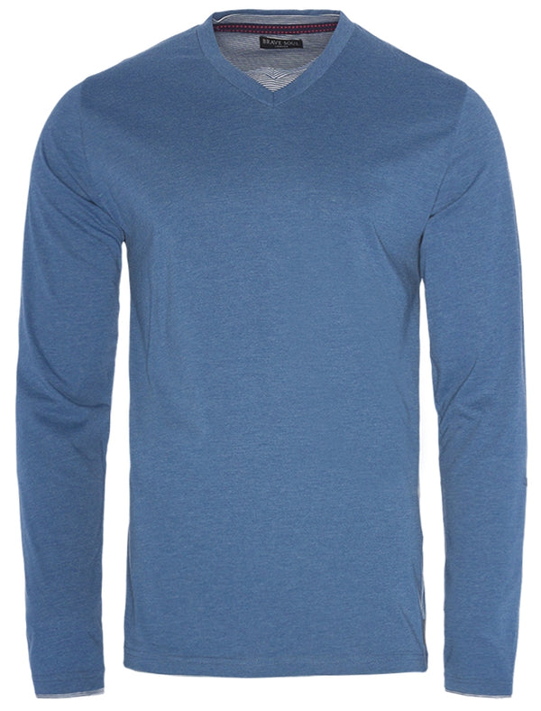 Heinrich Long Sleeve Cotton Top with Mock Insert in Cornflower Blue