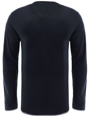 Heinrich Long Sleeve Cotton Top with Mock Insert in Navy