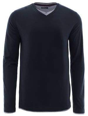 Heinrich Long Sleeve Cotton Top with Mock Insert in Navy