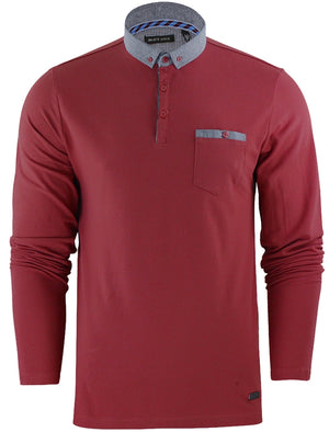 Herag Chambray Collar Long Sleeve Polo Shirt in Ruby Wine