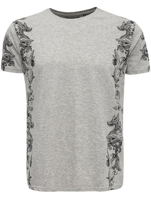 Japaness Dragon Print Crew Neck T-Shirt in Grey
