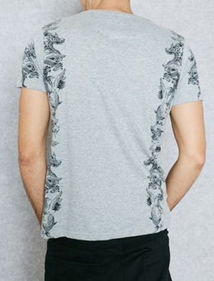 Japaness Dragon Print Crew Neck T-Shirt in Grey