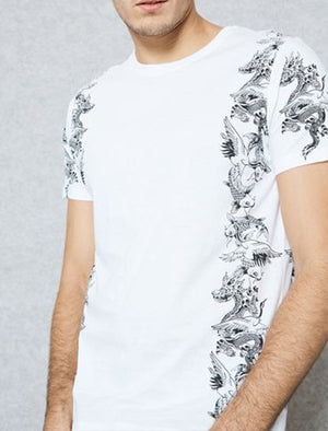 Japaness Dragon Print Crew Neck T-Shirt in White