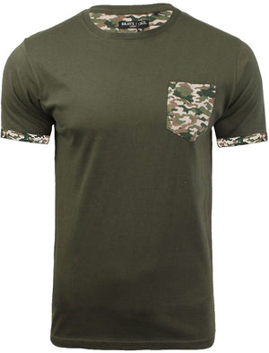 Jarvis Camo Pocket Cotton T-Shirt with Roll Sleeves in Khaki