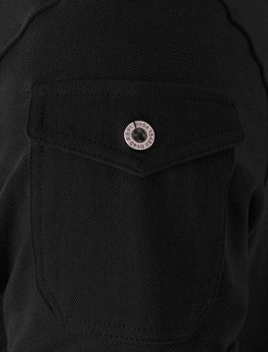 Joey Grandad Collar Button Down Pique Shirt with Sleeve Pocket in Black