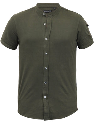 Joey Grandad Collar Button Down Pique Shirt with Sleeve Pocket in Khaki