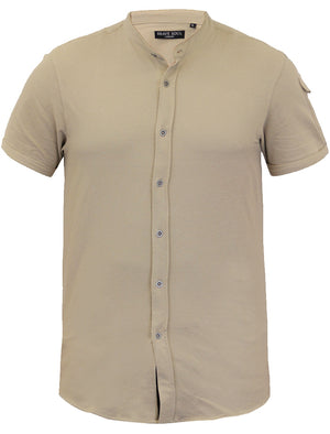 Joey Grandad Collar Button Down Pique Shirt with Sleeve Pocket in Stone