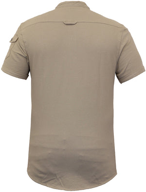 Joey Grandad Collar Button Down Pique Shirt with Sleeve Pocket in Stone