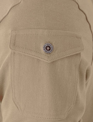 Joey Grandad Collar Button Down Pique Shirt with Sleeve Pocket in Stone
