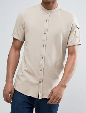 Joey Grandad Collar Button Down Pique Shirt with Sleeve Pocket in Stone