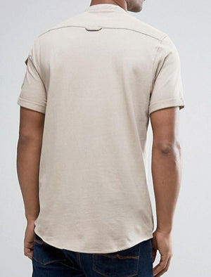 Joey Grandad Collar Button Down Pique Shirt with Sleeve Pocket in Stone