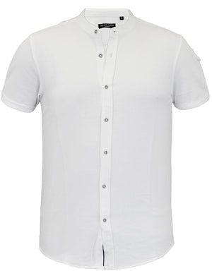 Joey Grandad Collar Button Down Pique Shirt with Sleeve Pocket in White