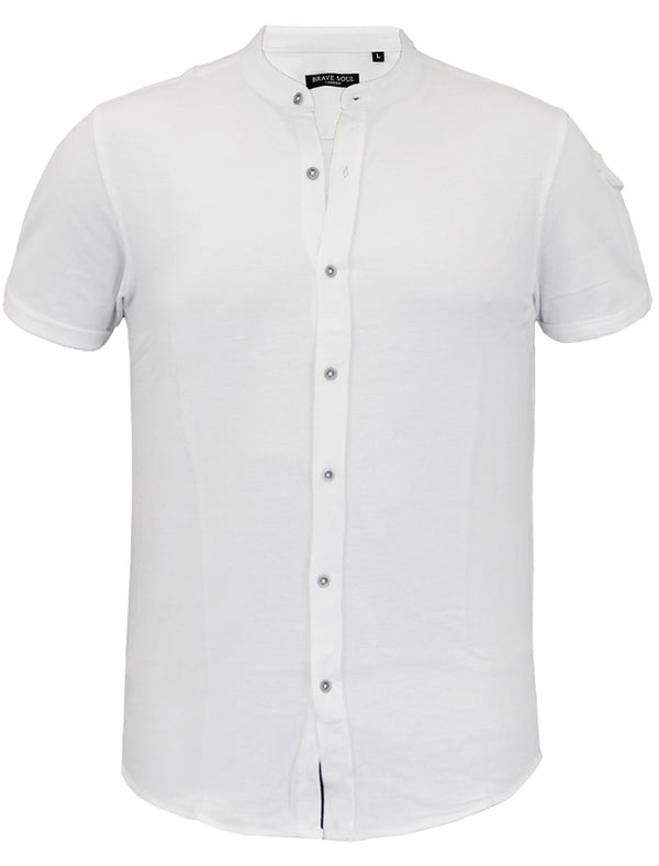 Joey Grandad Collar Button Down Pique Shirt with Sleeve Pocket in White