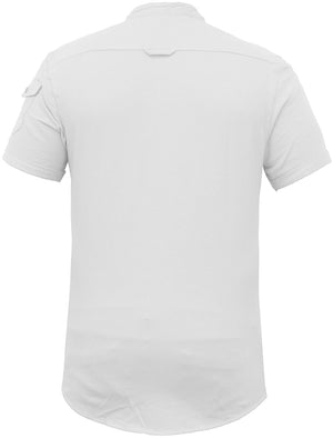 Joey Grandad Collar Button Down Pique Shirt with Sleeve Pocket in White