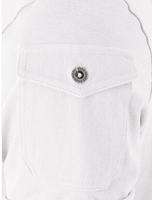 Joey Grandad Collar Button Down Pique Shirt with Sleeve Pocket in White
