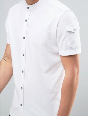 Joey Grandad Collar Button Down Pique Shirt with Sleeve Pocket in White