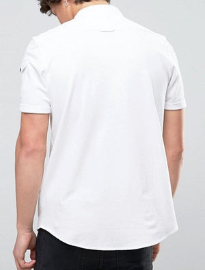 Joey Grandad Collar Button Down Pique Shirt with Sleeve Pocket in White