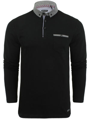 Herae Chambray Collar Long Sleeve Polo Shirt in Black