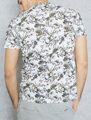 Macaque Print Crew Neck Cotton T-Shirt in White