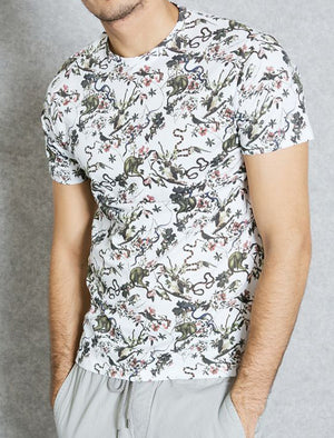 Macaque Print Crew Neck Cotton T-Shirt in White