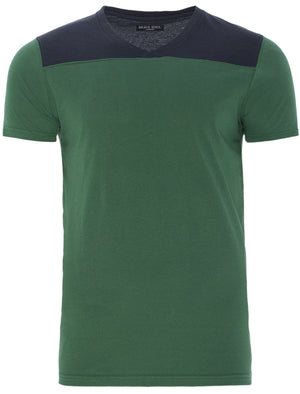 Mercury Panelled V Neck Cotton T-Shirt in Green