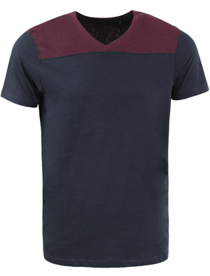 Mercury Panelled V Neck Cotton T-Shirt in Navy