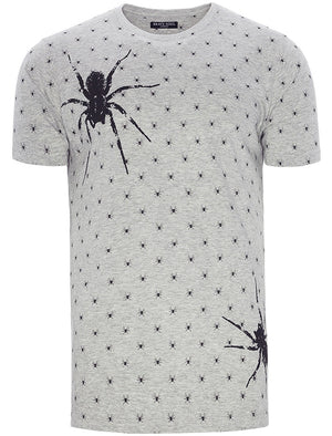 Militant Spider Print Crew Neck T-Shirt in Grey