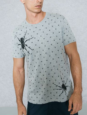 Militant Spider Print Crew Neck T-Shirt in Grey