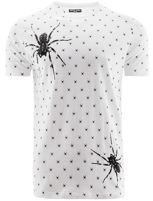 Militant Spider Print Crew Neck T-Shirt in White
