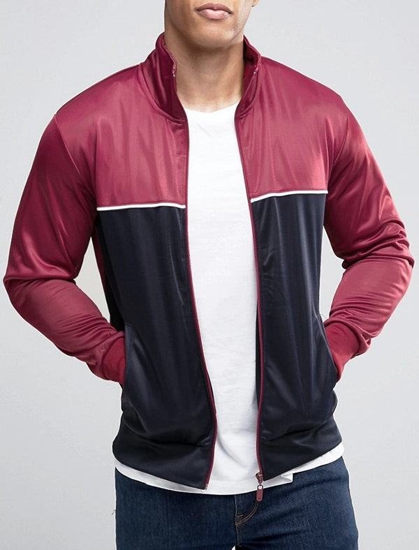 Mod Colour Block Track Jacket with Funnel Neck in Burgundy / Navy ...