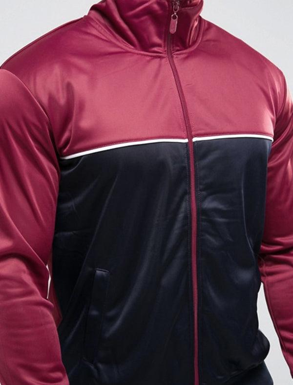 Mod Colour Block Track Jacket with Funnel Neck in Burgundy / Navy ...