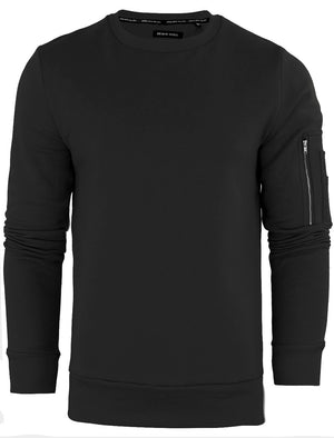 JacobB Crew Neck Sweatshirt with Zip Sleeve Pocket in Black