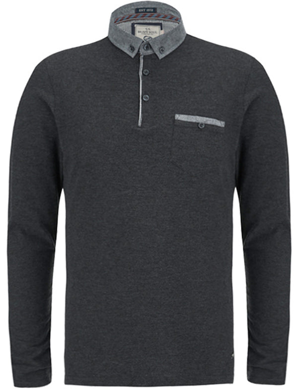 Herac Chambray Collar Long Sleeve Polo Shirt in Charcoal