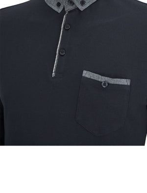 Herac Chambray Collar Long Sleeve Polo Shirt in Navy