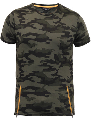 Albert Camo Print T-shirt with Lateral Zips in Khaki