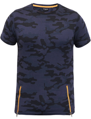 Albert Camo Print T-shirt with Lateral Zips in Navy