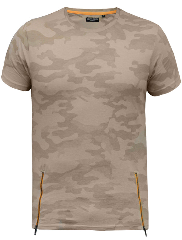 Albert Camo Print T-shirt with Lateral Zips in Sand