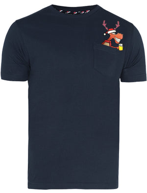 Blitzen Reindeer Novelty Christmas T-Shirt with Chest Pocket In Navy