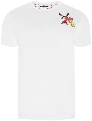 Blitzen Reindeer Novelty Christmas T-Shirt with Chest Pocket In Optic White