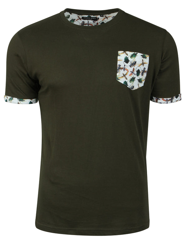 Fly Roll Cuff Cotton T-Shirt with Chest Pocket in Khaki