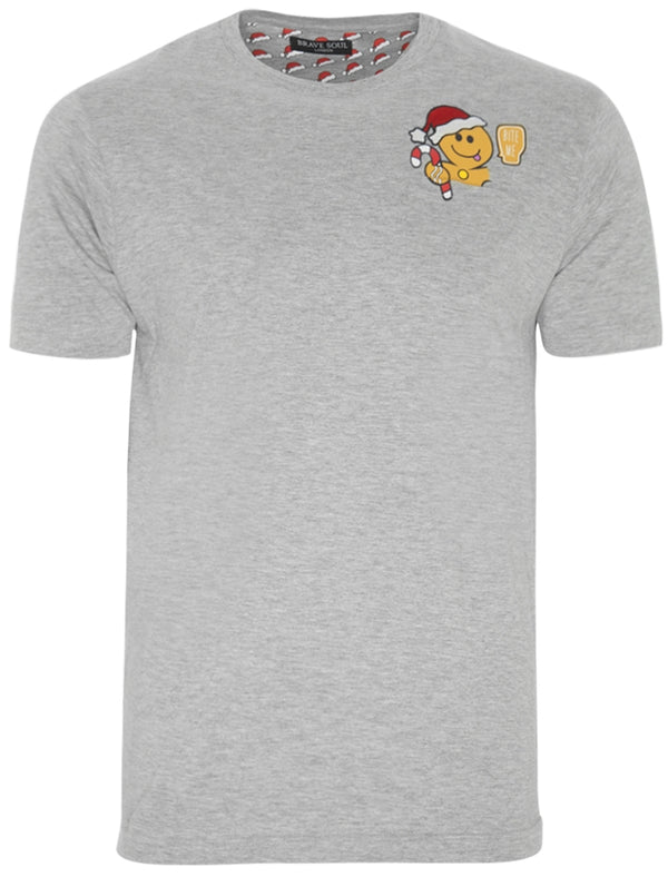 Ginger Bite Me Novelty Christmas T-Shirt with Chest Pocket In Light Grey Marl