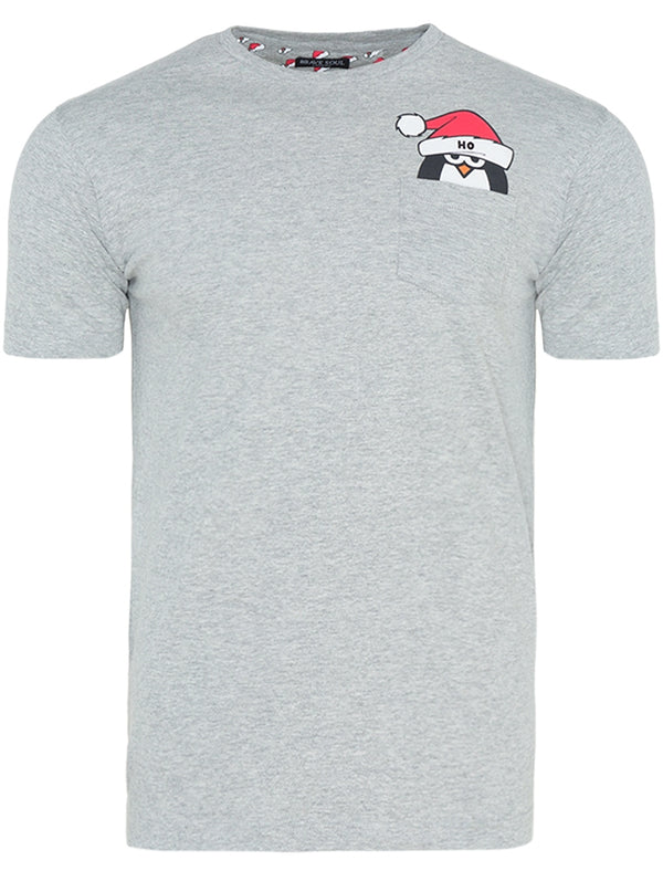 Merry Penguin Novelty Christmas T-Shirt with Chest Pocket In Light Grey Marl