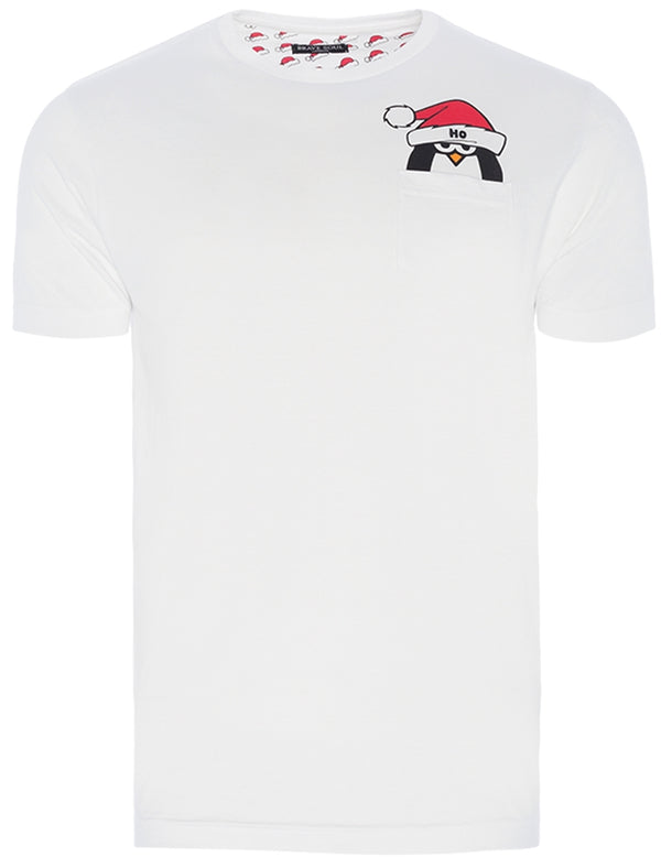 Merry Penguin Novelty Christmas T-Shirt with Chest Pocket In White