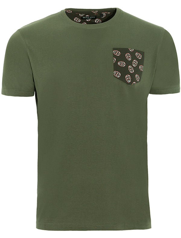 Mexico Crew Neck T-Shirt with Skull Print Pocket in Khaki
