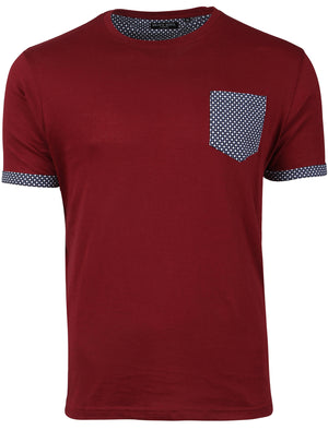 Sphere Roll Cuff Cotton T-Shirt with Chest Pocket in Burgundy