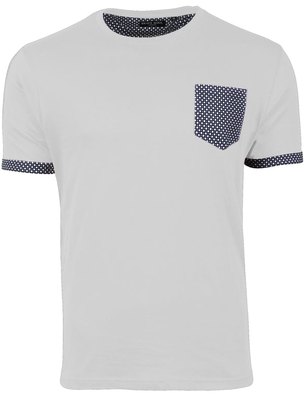 Sphere Roll Cuff Cotton T-Shirt with Chest Pocket in White