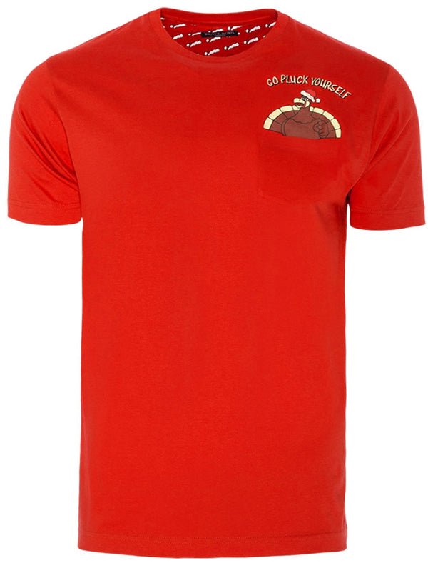 Turkey Pluck Yourself Novelty Christmas T-Shirt with Chest Pocket In Red
